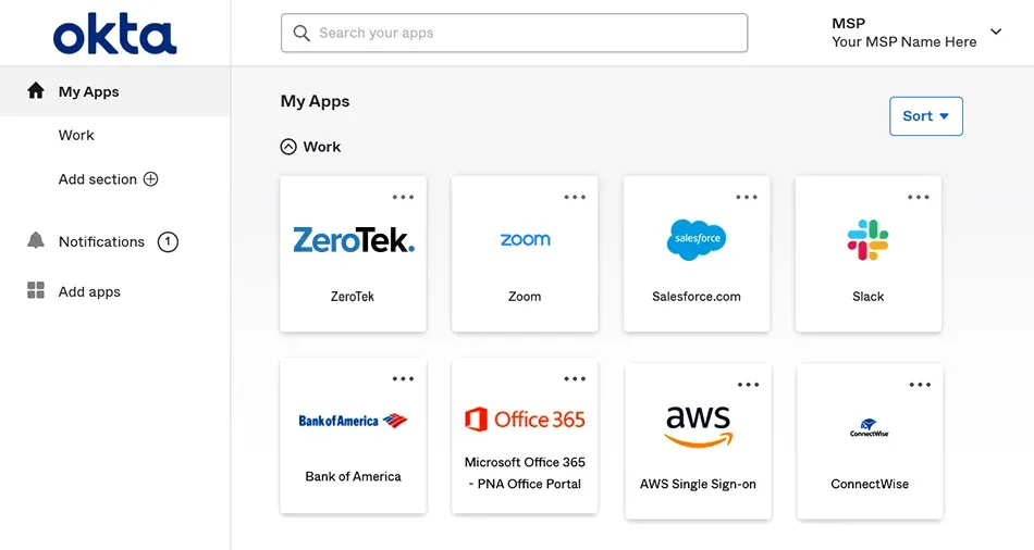 Give your customers secure, easy SSO access to all their apps from a brandable Okta dashboard. (Only MSP users see the ZeroTek app.)