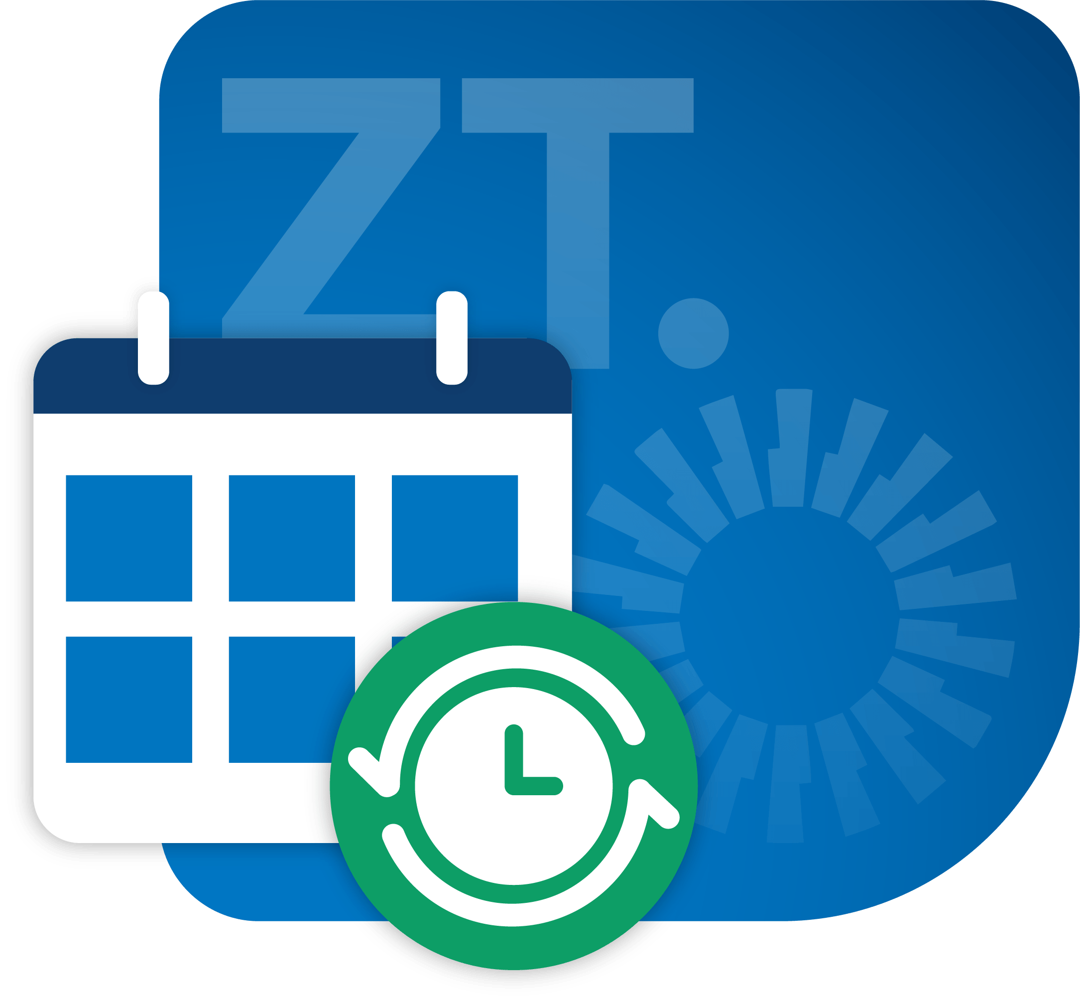 Feature-Licensing-management Illustration that uses a calendar and recurring clock to show how easy it is to manage Okta licensing using ZeroTek.
