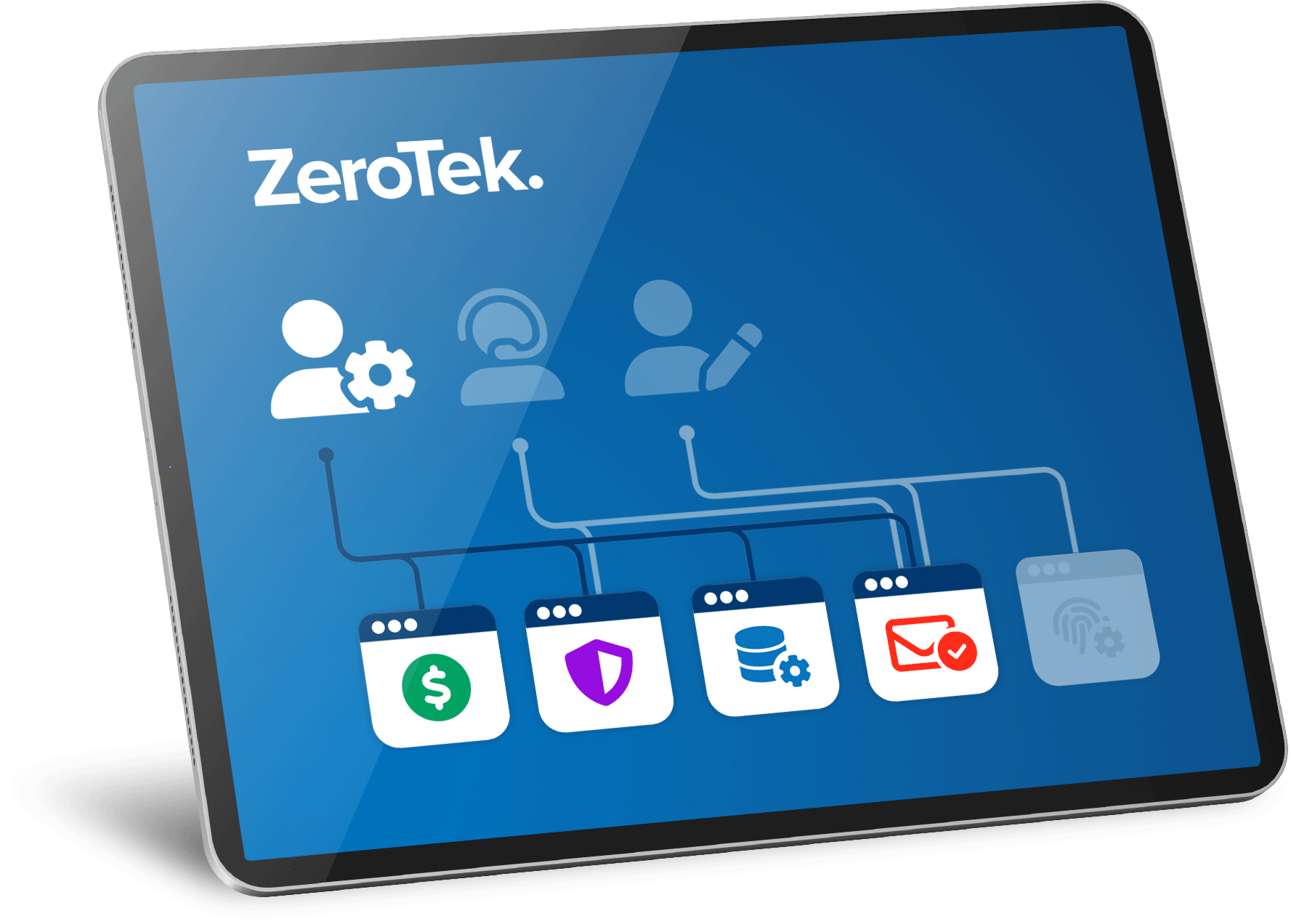 Feature-RBAC-Illustrated An animated illustration of role-based access control depicting users assigned to roles, accessing different apps and shared resources.