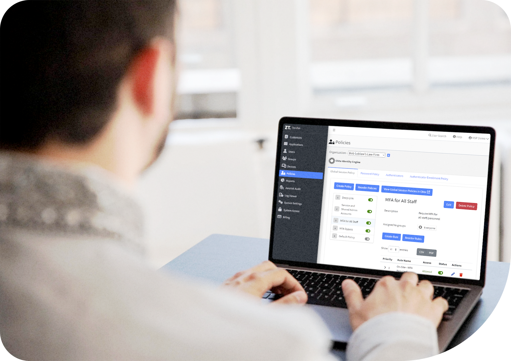 Feature-Multi-Tenancy Administrator configuring an Okta security policy with ease from ZeroTek.
